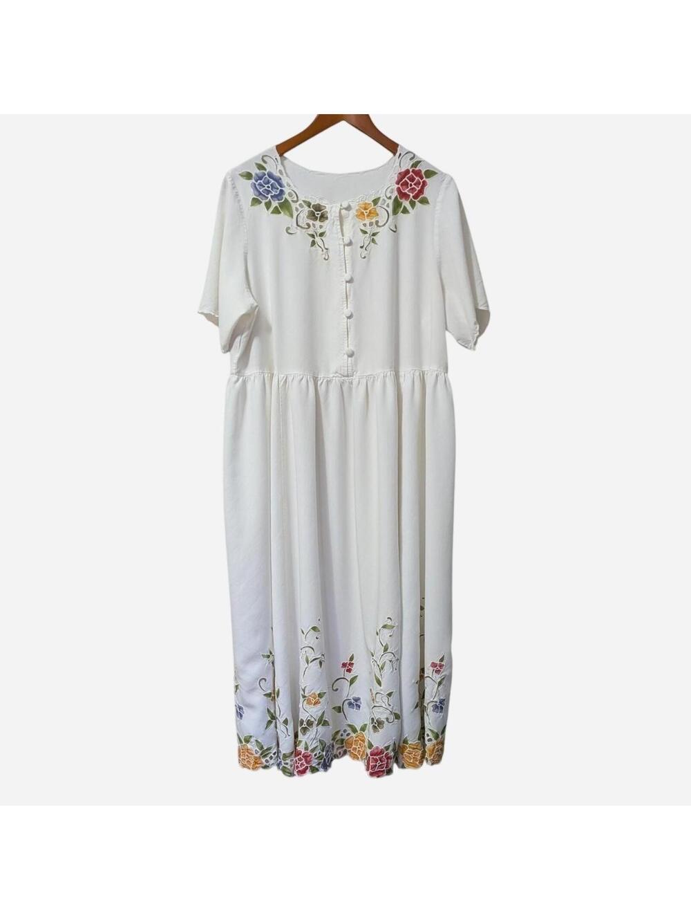 90s Sue Brett Collection White Rayon Floral Cutwork Maxi Dress Size L/XL